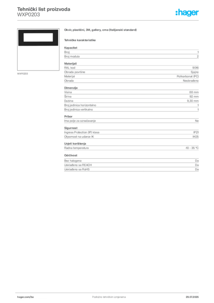 Slika Hager Product data sheet WXP0203  | Hager