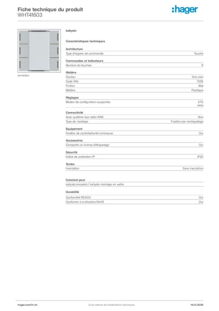 Image Hager Fiche technique du produit WHT41603 | Hager Suisse