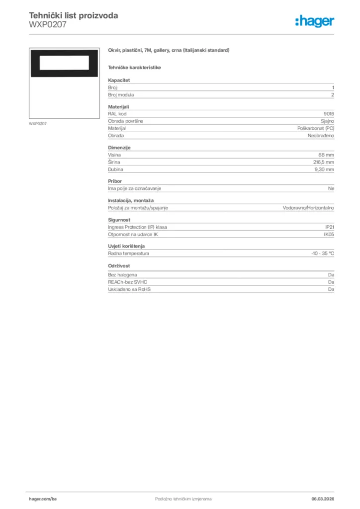 Slika Hager Tehnički list proizvoda WXP0207  | Hager