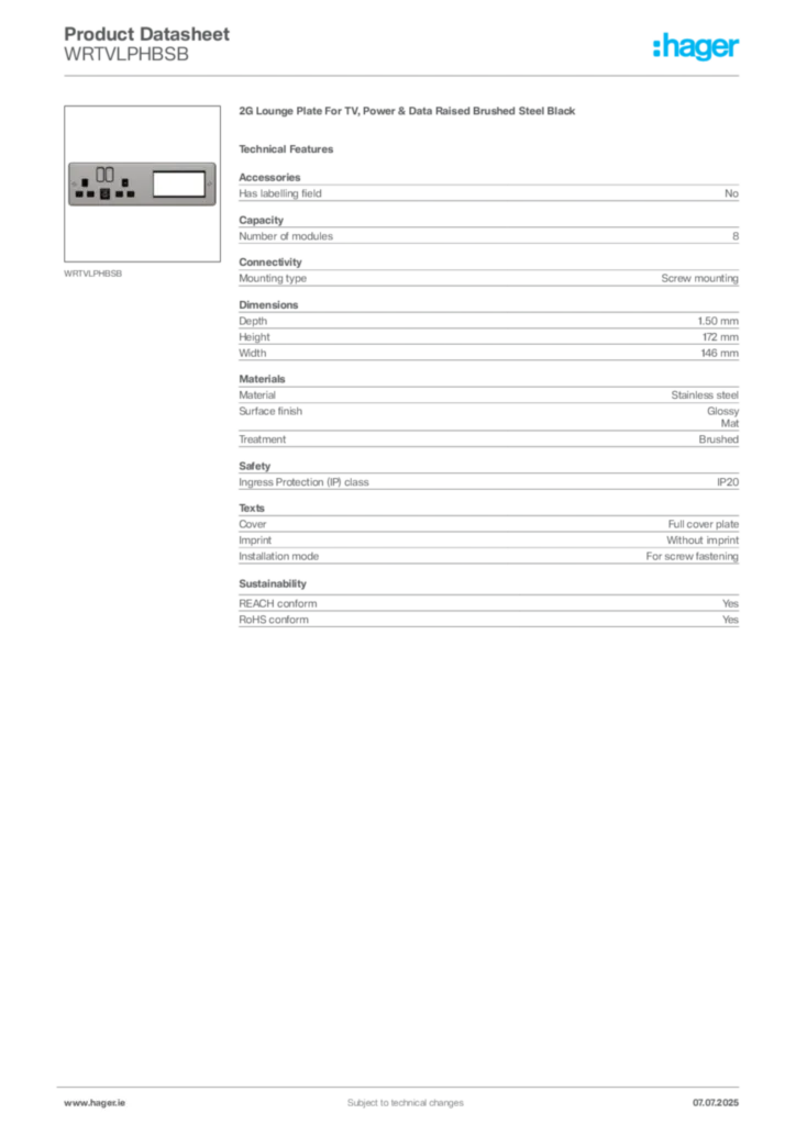 Image Hager Product data sheet WRTVLPHBSB  | Hager