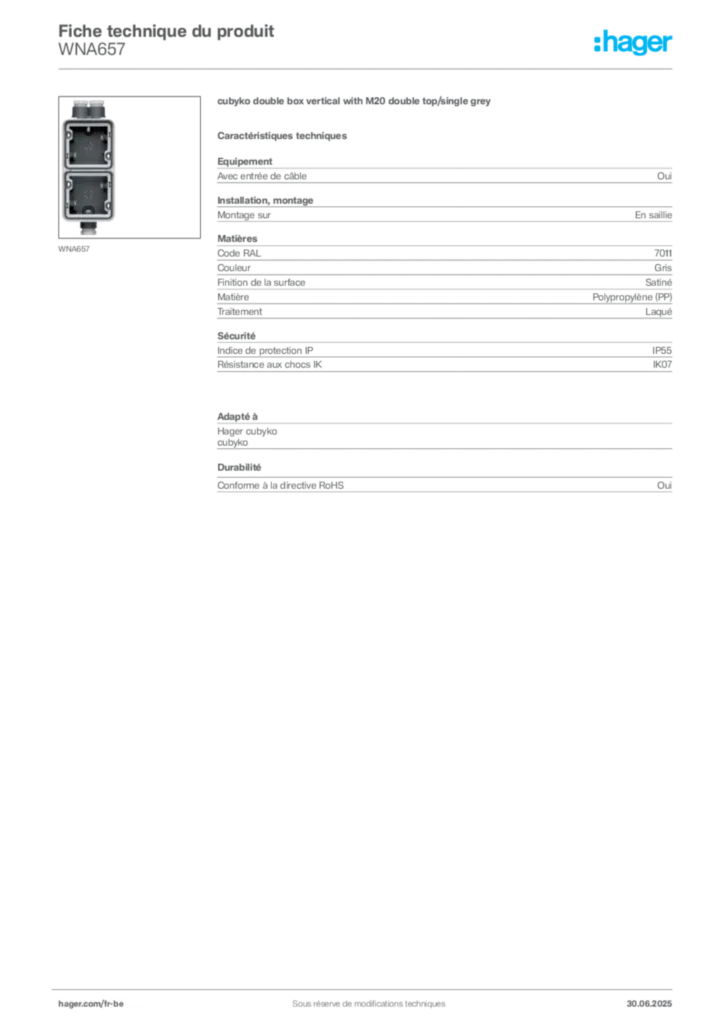 Image Hager Fiche technique du produit WNA657 | Hager Belgique