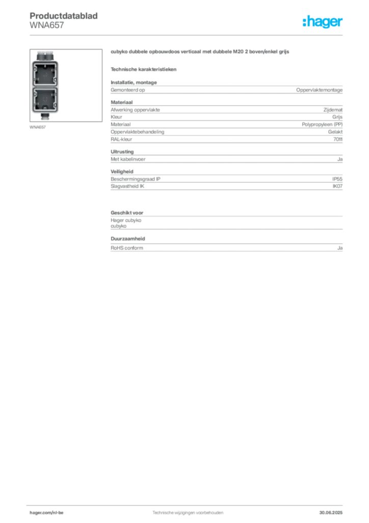 Afbeelding Hager Productdatablad WNA657 | Hager Belgium