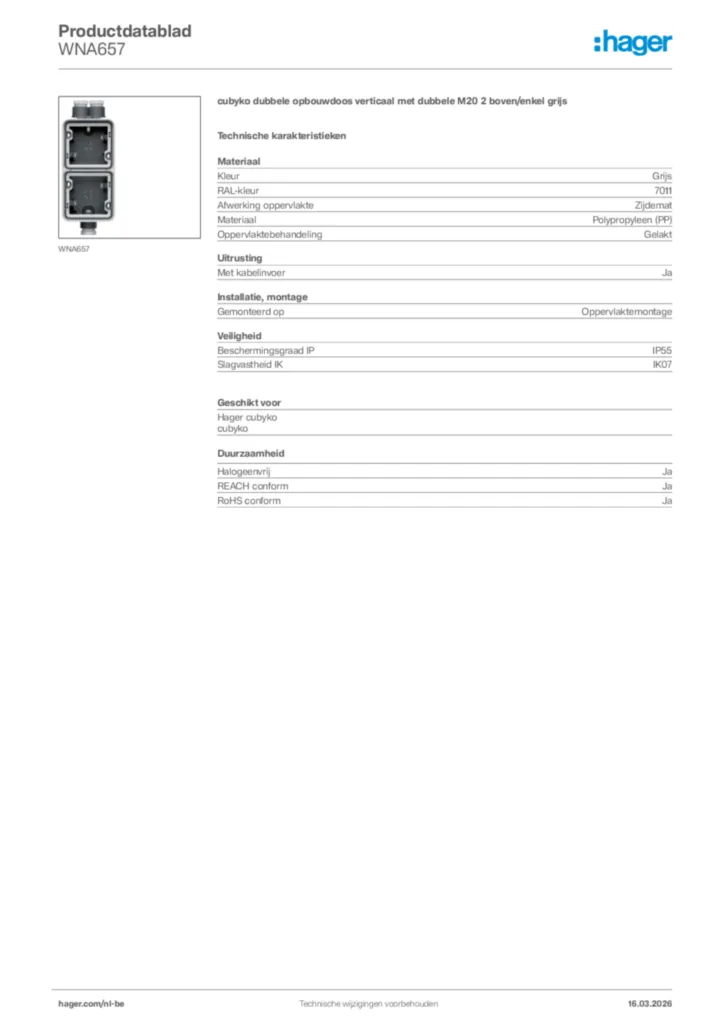 Afbeelding Hager Productdatablad WNA657 | Hager Belgium