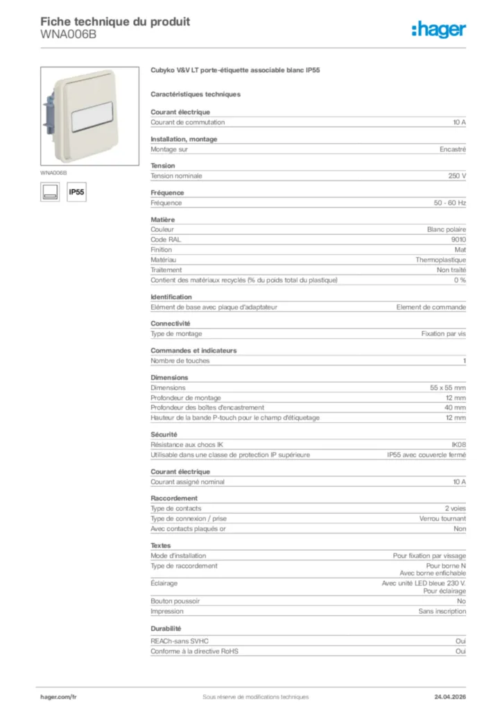 Image Hager Fiche technique du produit WNA006B | Hager France