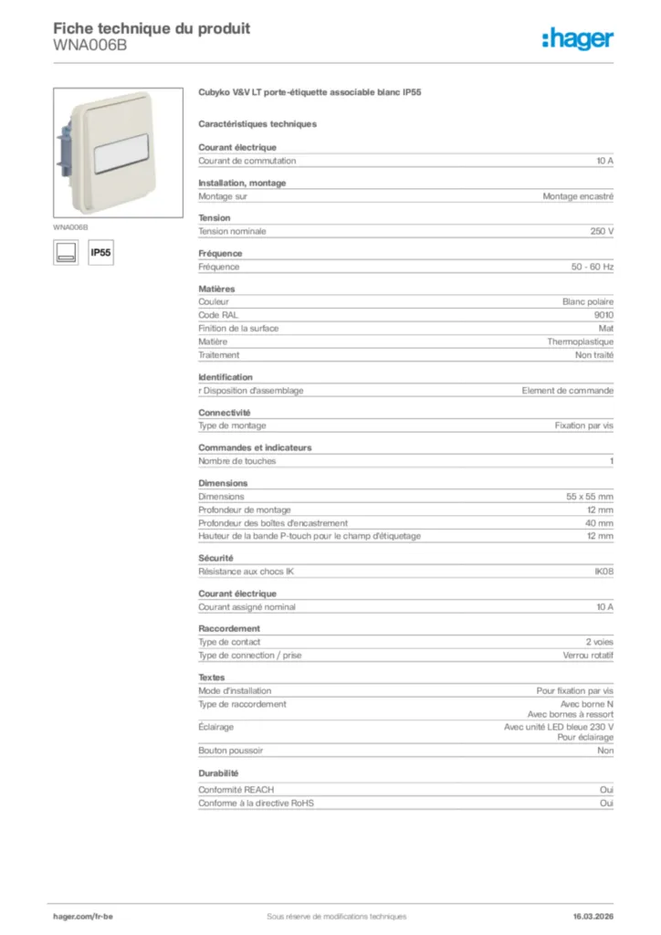 Image Hager Fiche technique du produit WNA006B | Hager Belgique