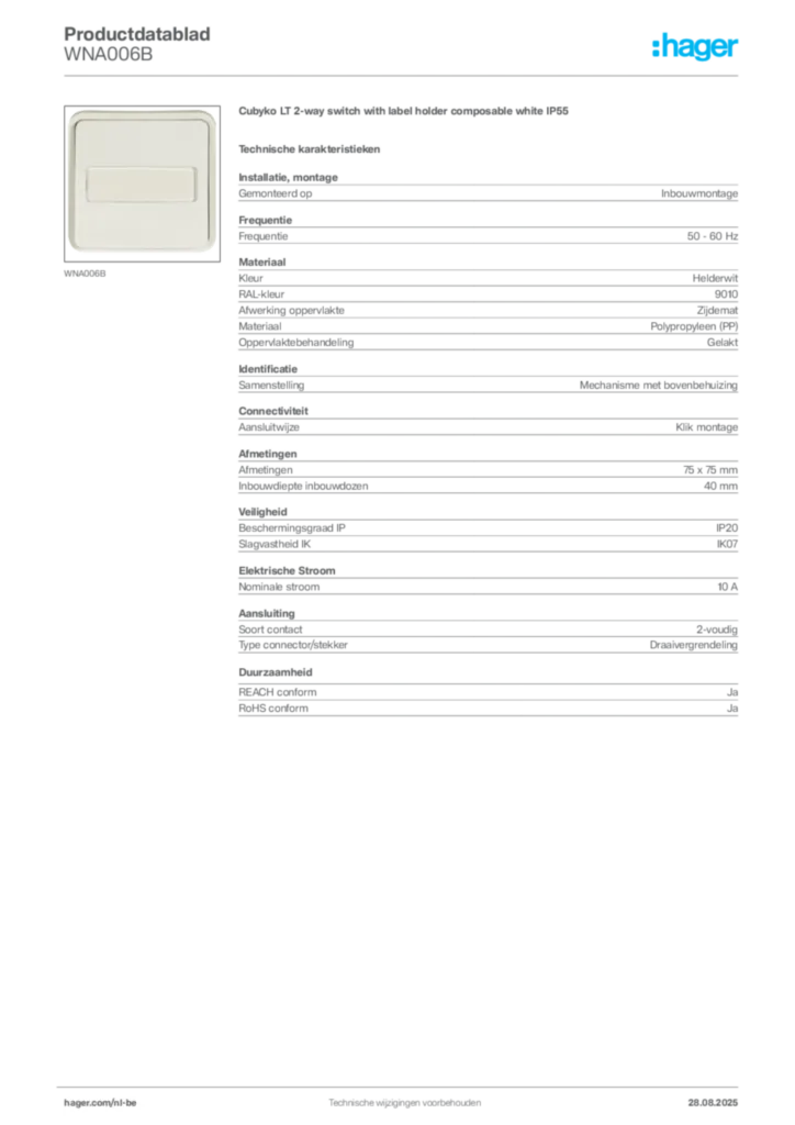 Afbeelding Hager Productdatablad WNA006B | Hager Belgium