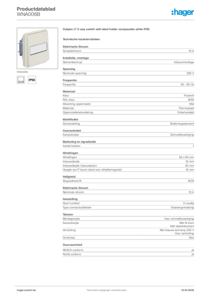 Afbeelding Hager Productdatablad WNA006B | Hager Belgium
