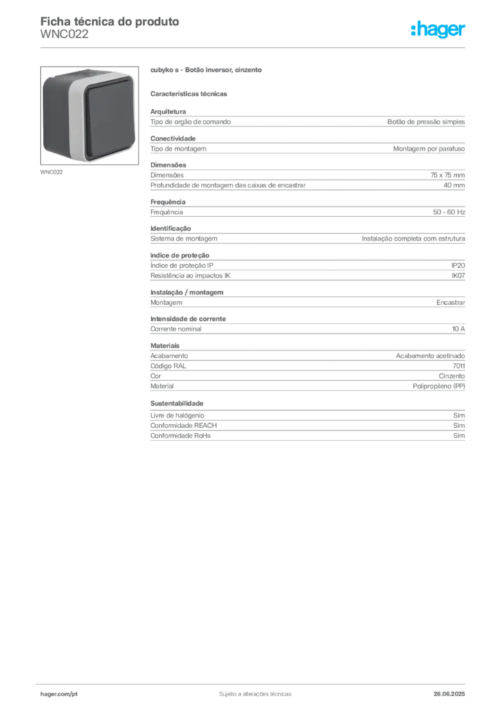 Imagem Hager Ficha técnica do produto WNC022 | Hager Portugal