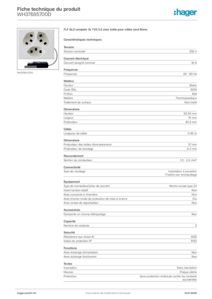 Image Hager Fiche technique du produit WH37685700D | Hager Suisse