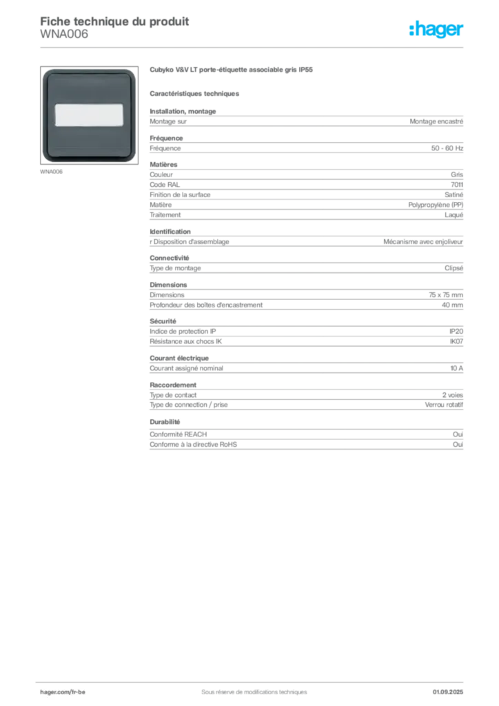 Image Hager Fiche technique du produit WNA006 | Hager Belgique