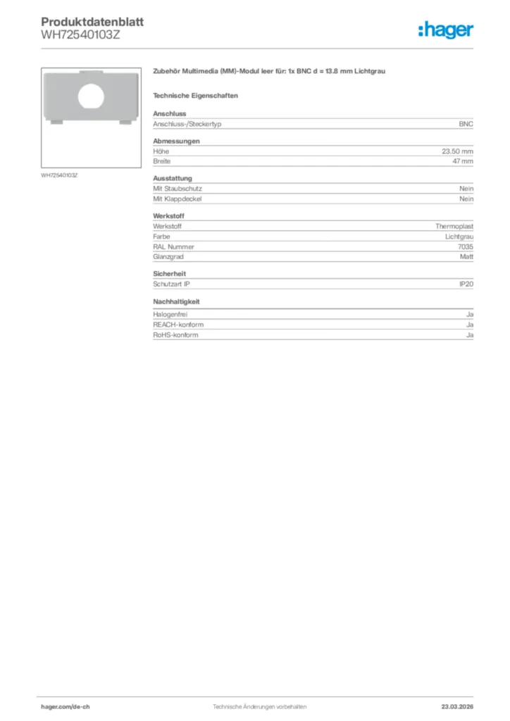 Bild Hager Produktdatenblatt WH72540103Z | Hager Schweiz