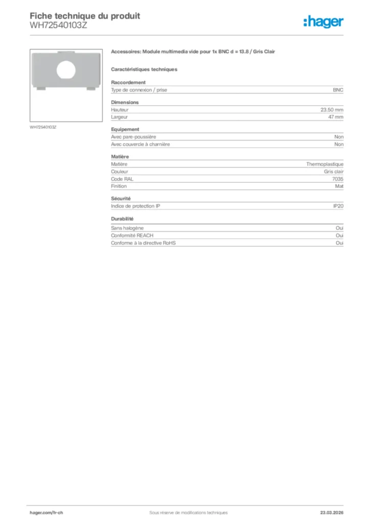 Image Hager Fiche technique du produit WH72540103Z | Hager Suisse