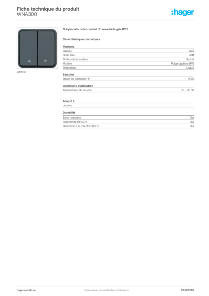 Image Hager Fiche technique du produit WNA300 | Hager Belgique