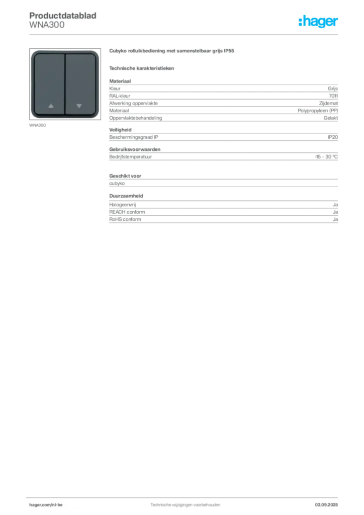 Afbeelding Hager Productdatablad WNA300 | Hager Belgium