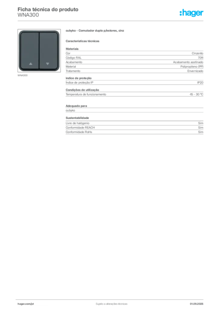 Imagem Hager Ficha técnica do produto WNA300 | Hager Portugal