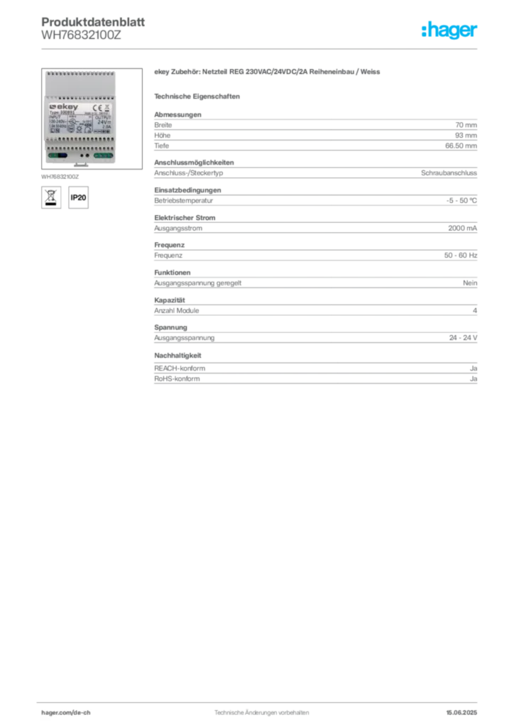 Bild Hager Produktdatenblatt WH76832100Z | Hager Schweiz