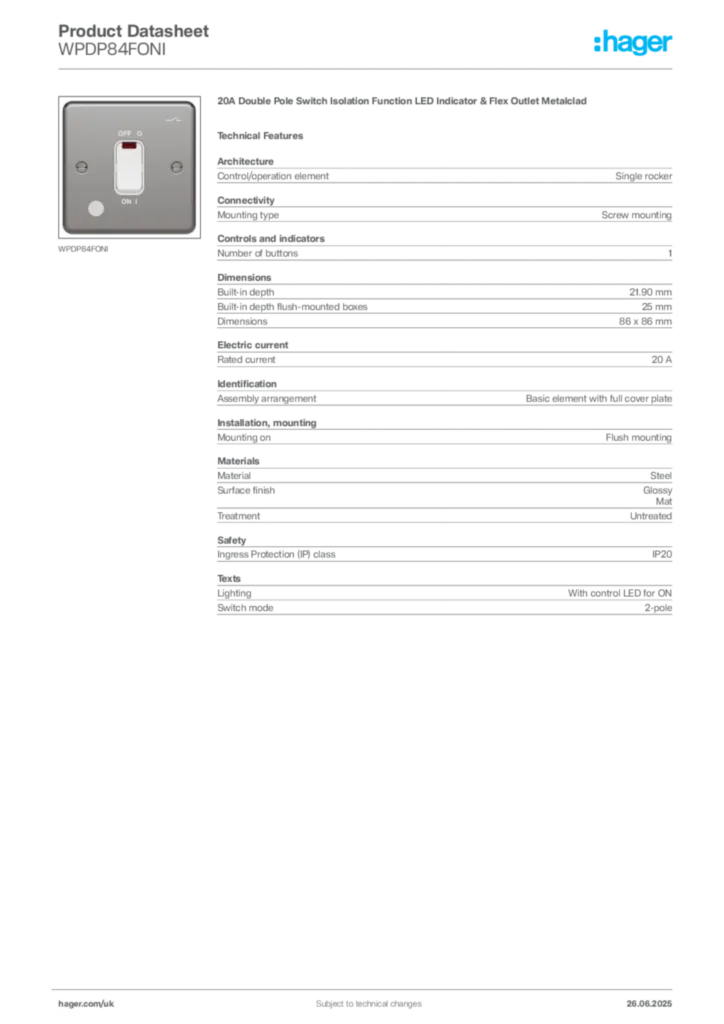 Image Hager Product data sheet WPDP84FONI  | Hager
