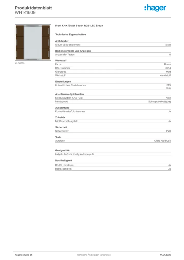 Bild Hager Produktdatenblatt WHT41609 | Hager Schweiz