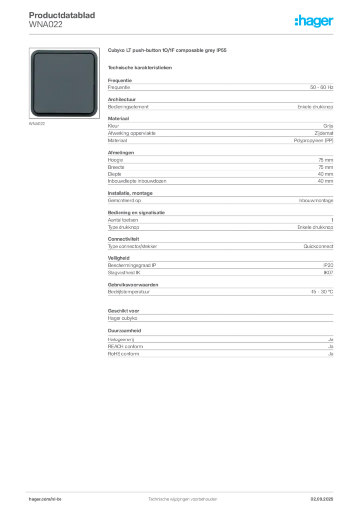 Afbeelding Hager Productdatablad WNA022 | Hager Belgium