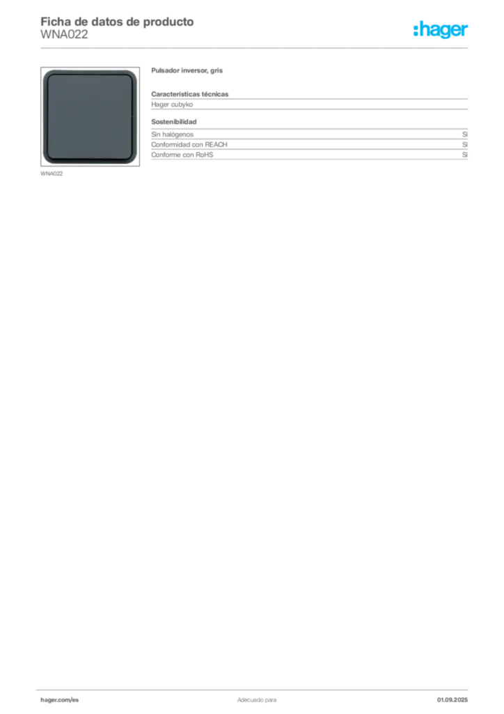 Imagen Hager Ficha de datos de producto WNA022 | Hager España