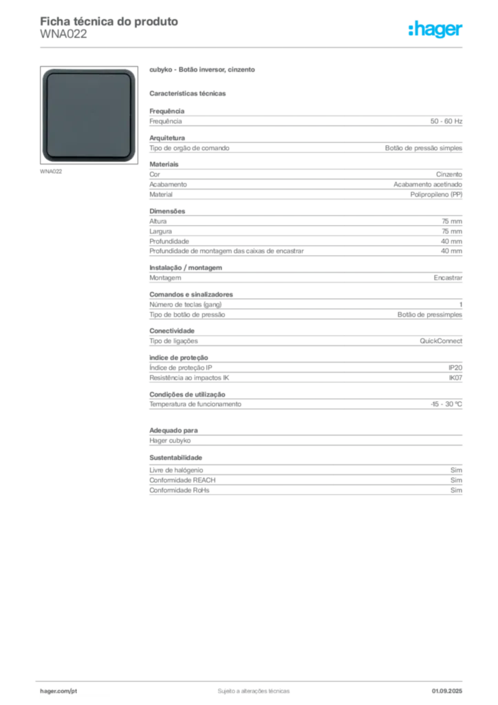 Imagem Hager Ficha técnica do produto WNA022 | Hager Portugal