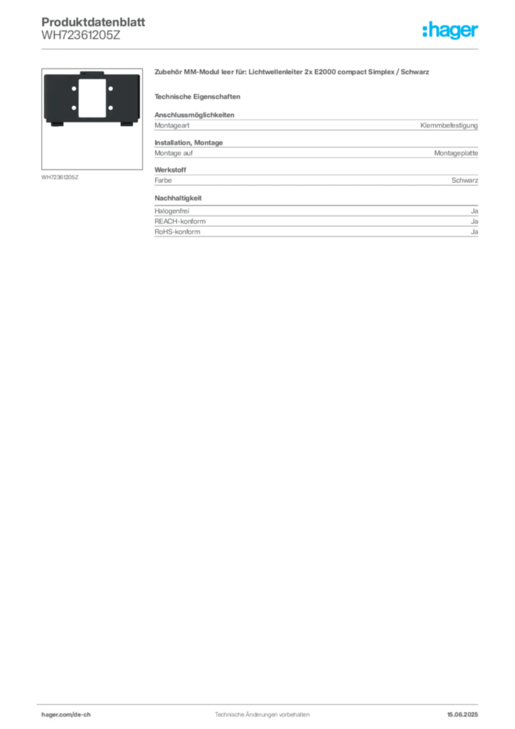 Bild Hager Produktdatenblatt WH72361205Z | Hager Schweiz