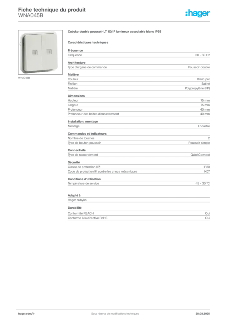 Image Hager Fiche technique du produit WNA045B | Hager France