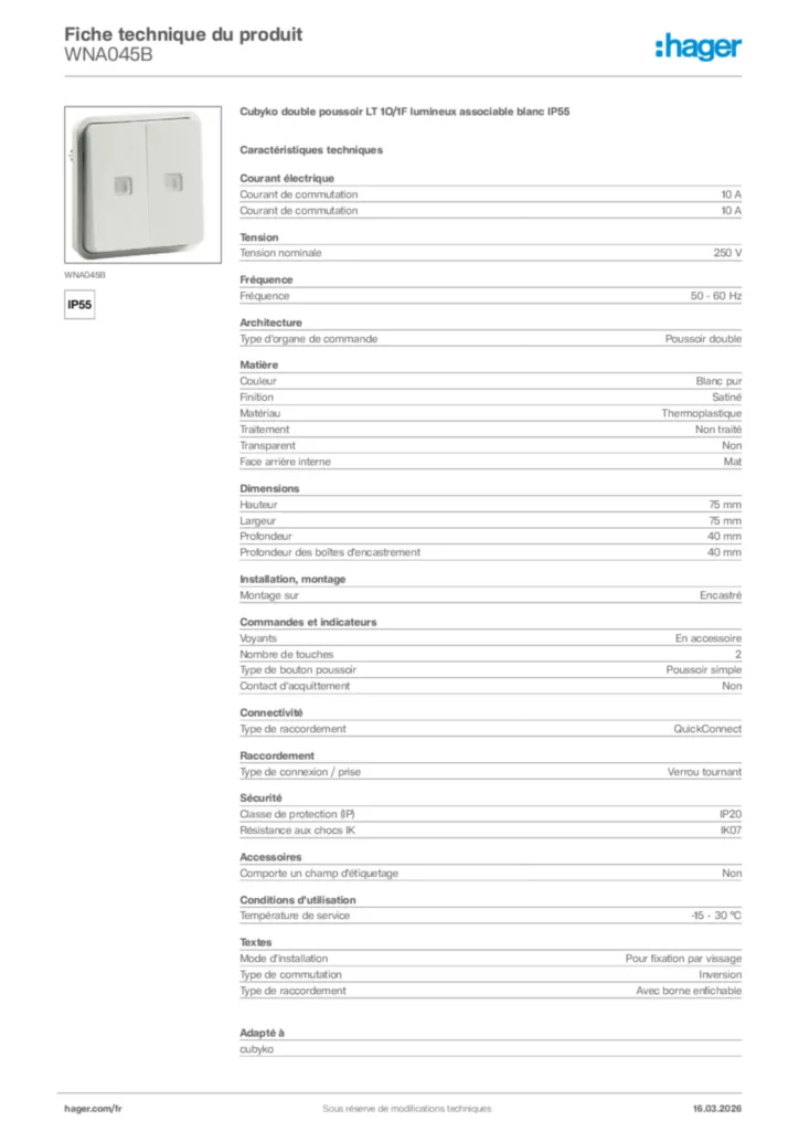 Image Hager Fiche technique du produit WNA045B | Hager France