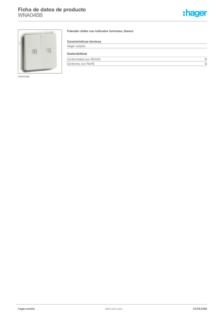 Imagen Hager Ficha de datos de producto WNA045B | Hager España