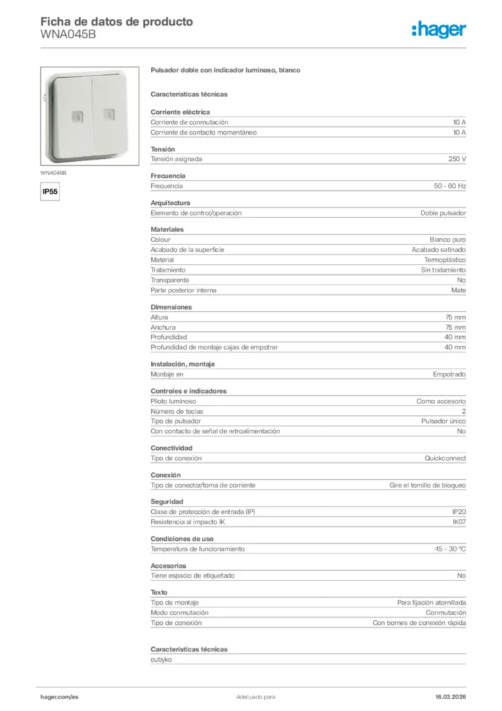 Imagen Hager Ficha de datos de producto WNA045B | Hager España