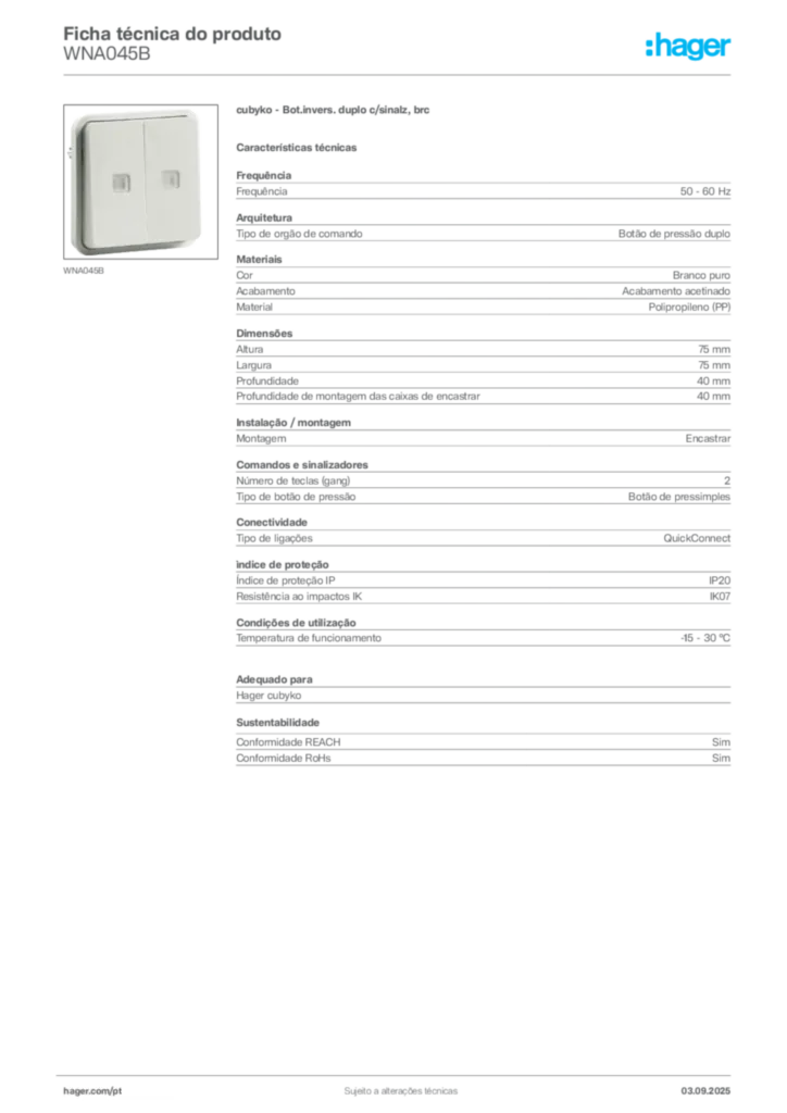 Imagem Hager Ficha técnica do produto WNA045B | Hager Portugal