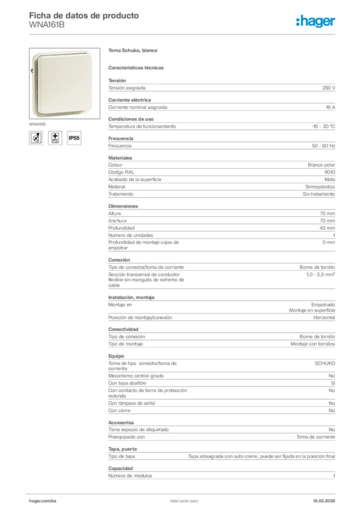 Imagen Hager Ficha de datos de producto WNA161B | Hager España
