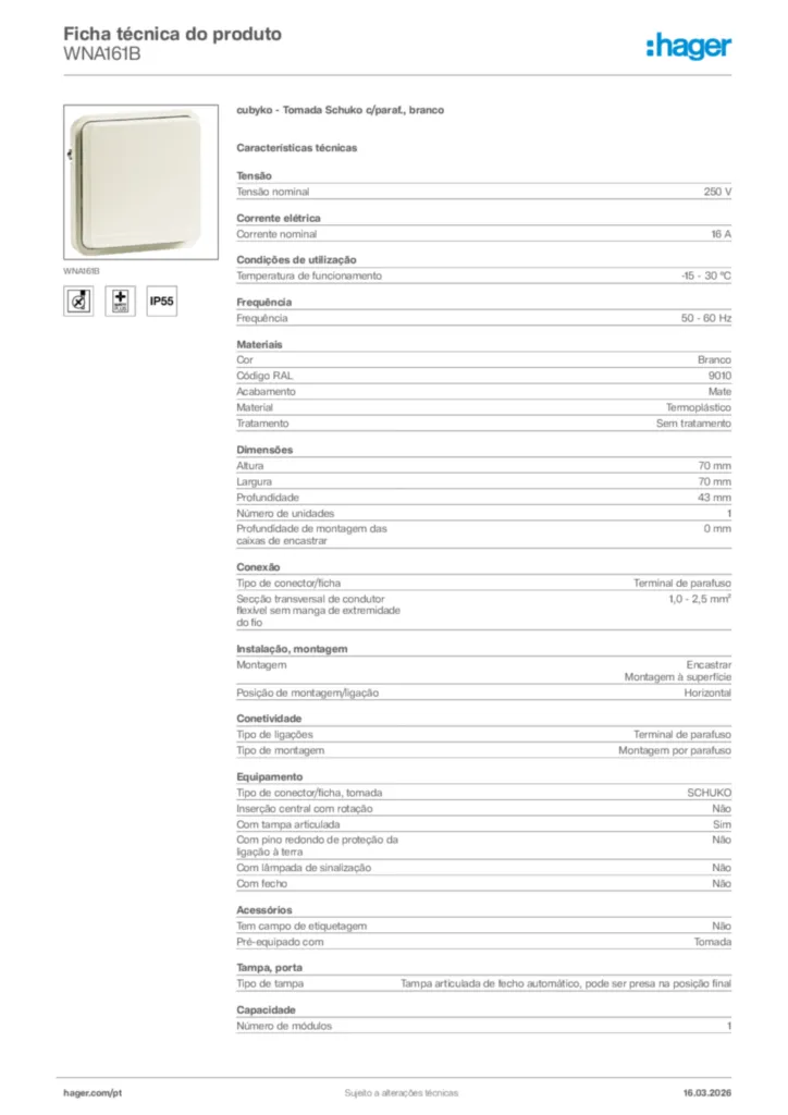 Imagem Hager Ficha técnica do produto WNA161B | Hager Portugal