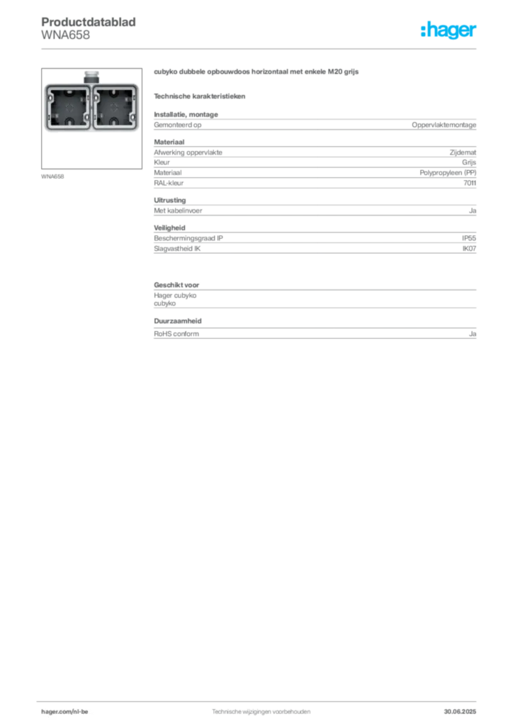 Afbeelding Hager Productdatablad WNA658 | Hager Belgium
