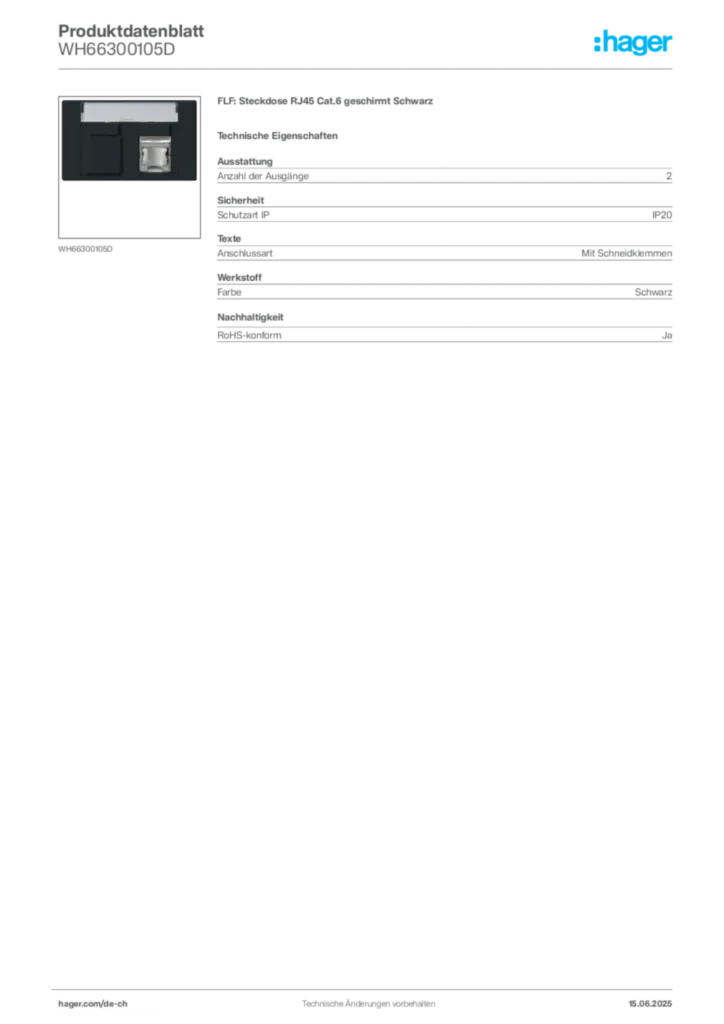 Bild Hager Produktdatenblatt WH66300105D | Hager Schweiz