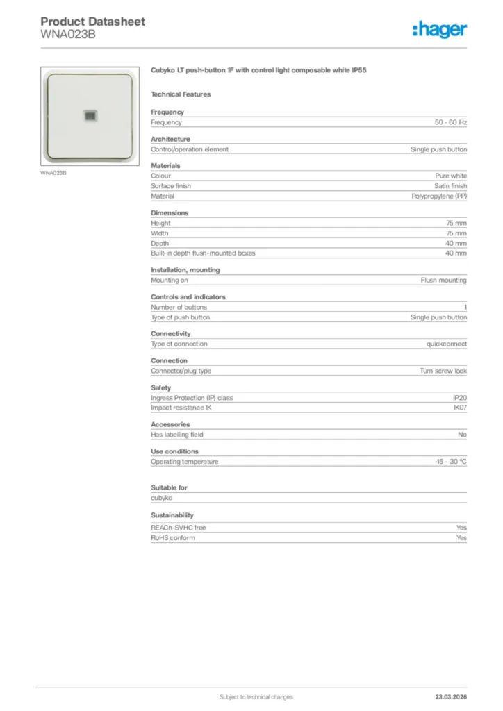 Image Hager Product data sheet WNA023B  | Hager Africa