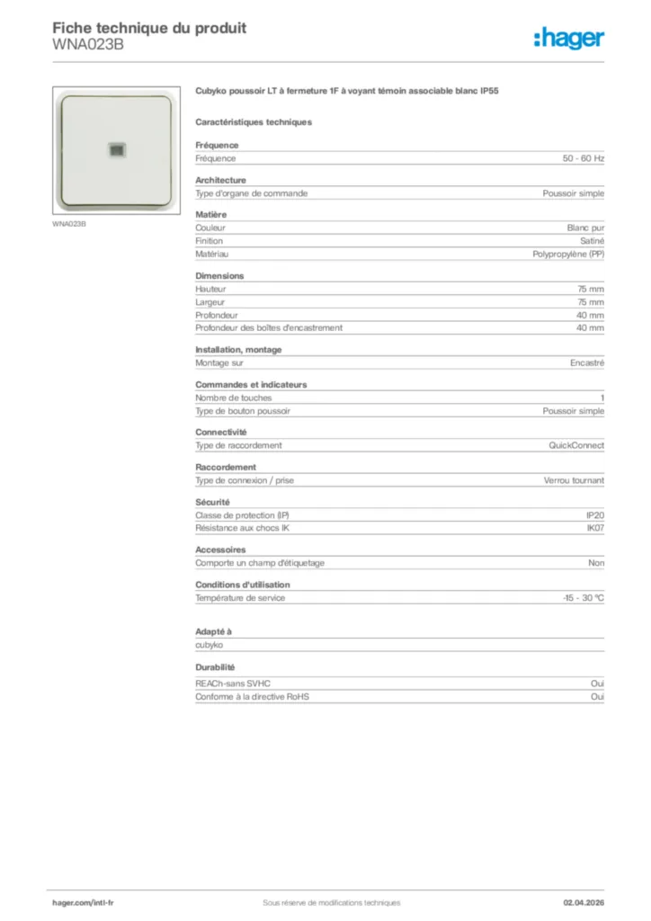 Image Hager Fiche technique du produit WNA023B | Hager Afrique