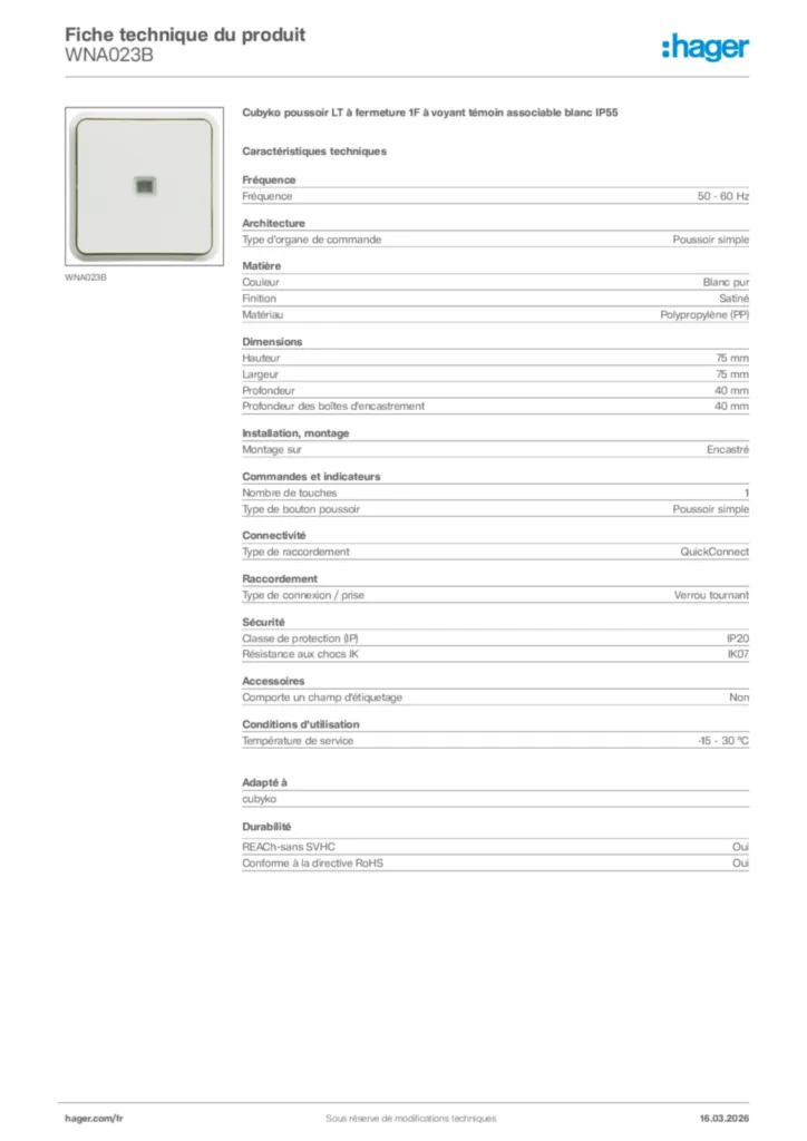 Image Hager Fiche technique du produit WNA023B | Hager France