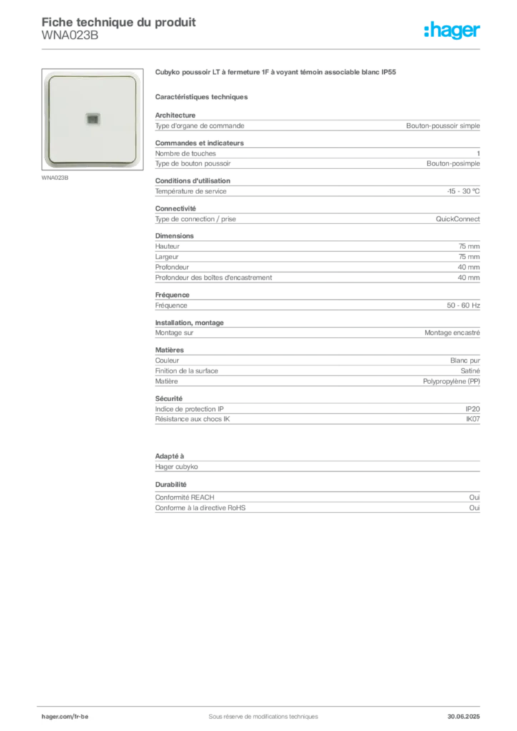 Image Hager Fiche technique du produit WNA023B | Hager Belgique