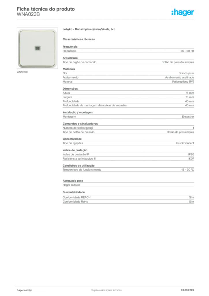 Imagem Hager Ficha técnica do produto WNA023B | Hager Portugal