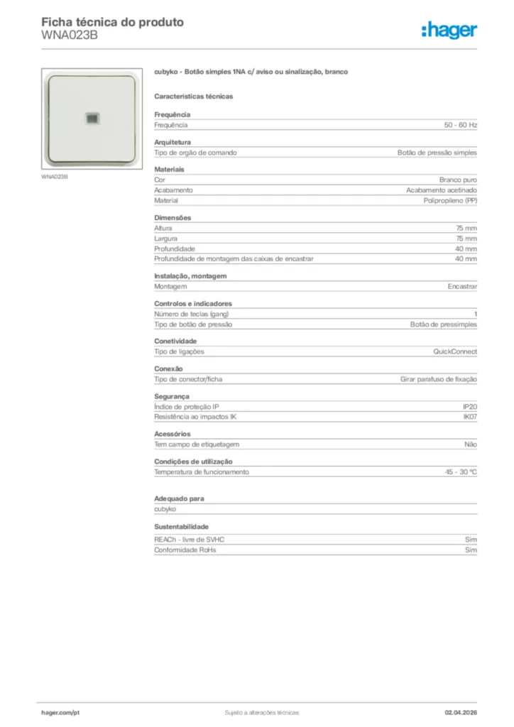 Imagem Hager Ficha técnica do produto WNA023B | Hager Portugal