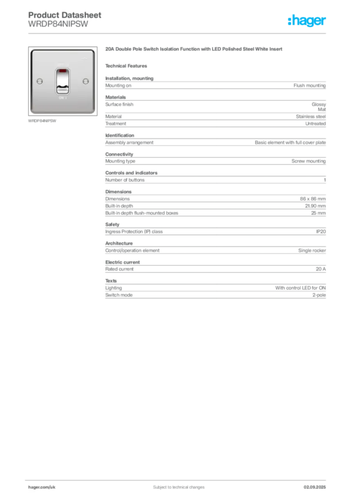 Image Hager Product data sheet WRDP84NIPSW  | Hager