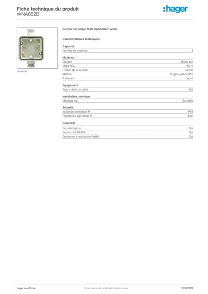 Image Hager Fiche technique du produit WNA652B | Hager Belgique