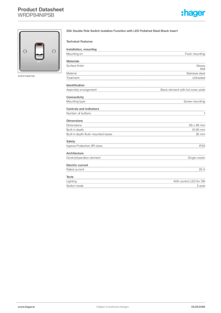 Image Hager Product data sheet WRDP84NIPSB  | Hager