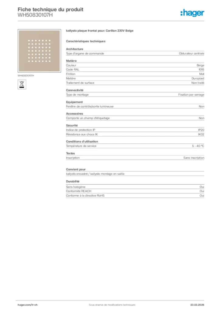 Image Hager Fiche technique du produit WH50830107H | Hager Suisse