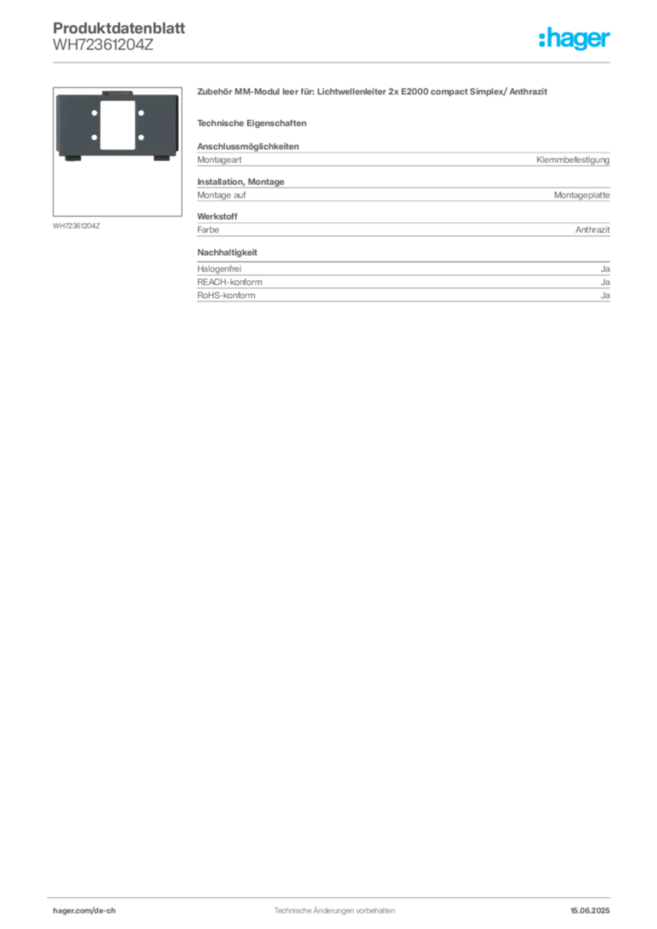 Bild Hager Produktdatenblatt WH72361204Z | Hager Schweiz