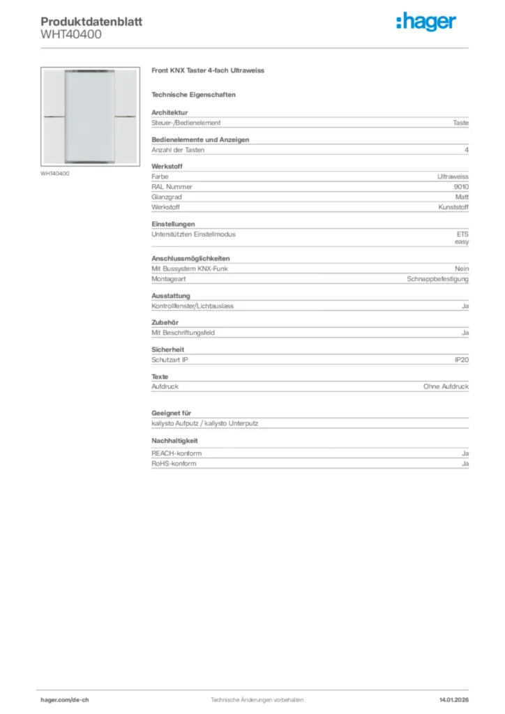 Bild Hager Produktdatenblatt WHT40400 | Hager Schweiz