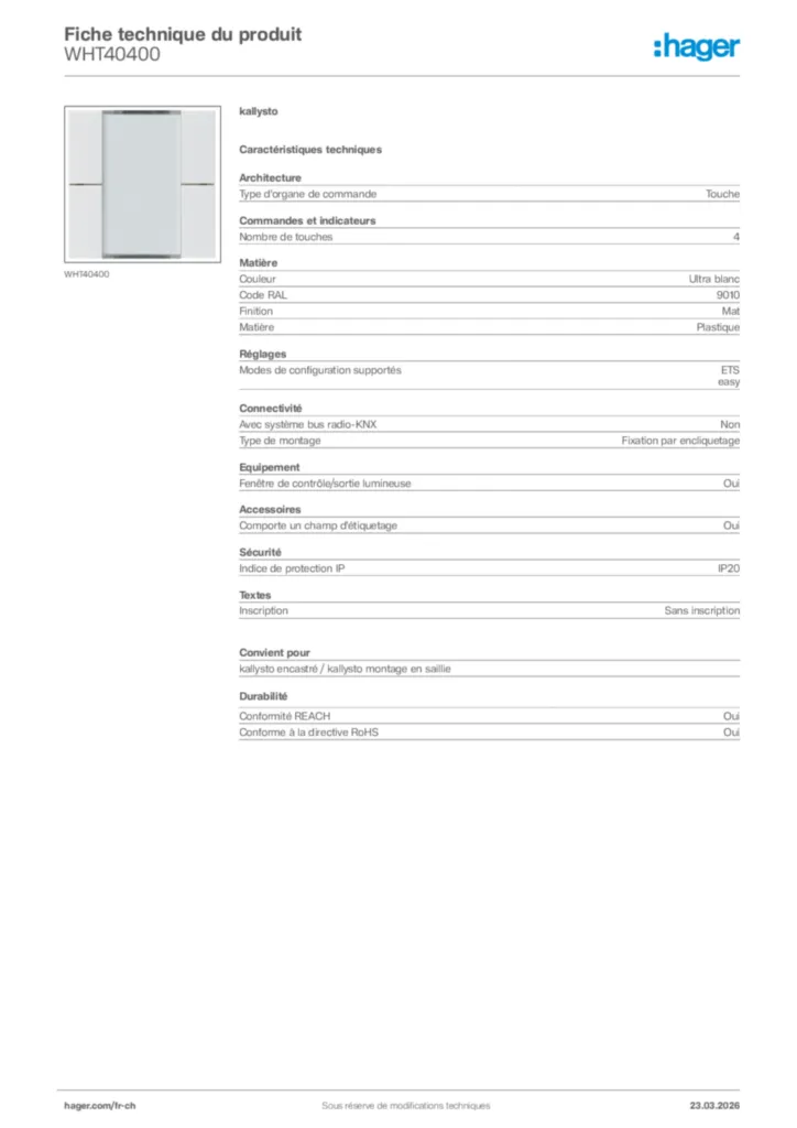 Image Hager Fiche technique du produit WHT40400 | Hager Suisse