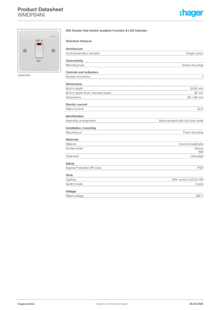 Image Hager Product data sheet WMDP84NI  | Hager