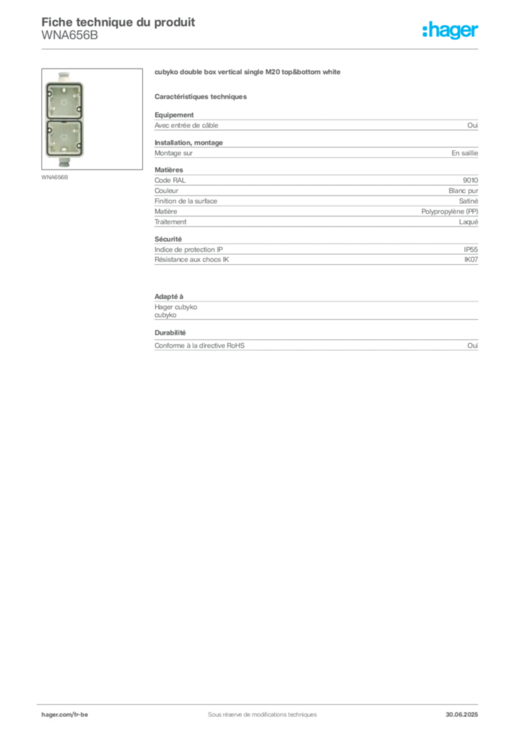 Image Hager Fiche technique du produit WNA656B | Hager Belgique